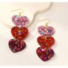 2-Piece Set Of Unique Exaggerated Mixed Color Sequin Heart Earrings, Unique Design, Multi-Color Patchwork