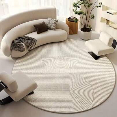 Cream-Colored Round Rug, Luxury Cream Striped Round Mat, Machine Washable, Suitable For Living Room, Bedroom Or Office Decor, Beige Curved Plush Area Pad, Comfortable And Fashionable Indoor Mat, Bedroom Floor Covering Modern Decor Non-Slip Backing, Living Room Carpet, Bathroom Mat, Bathroom Rug, Doormat, Small Rug, Carpet, Floor Mat, Home Decor, Area Small Rug, Outdoor Mat, Home Decor, Area Rug, Bedroom Rug, Washable Carpet