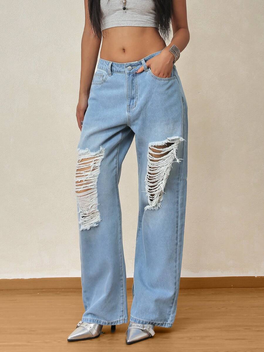 Jeans de pierna ancha y suelta, con efecto desgastado y tiro bajo para mujer - Lavado ligero - Ver 1