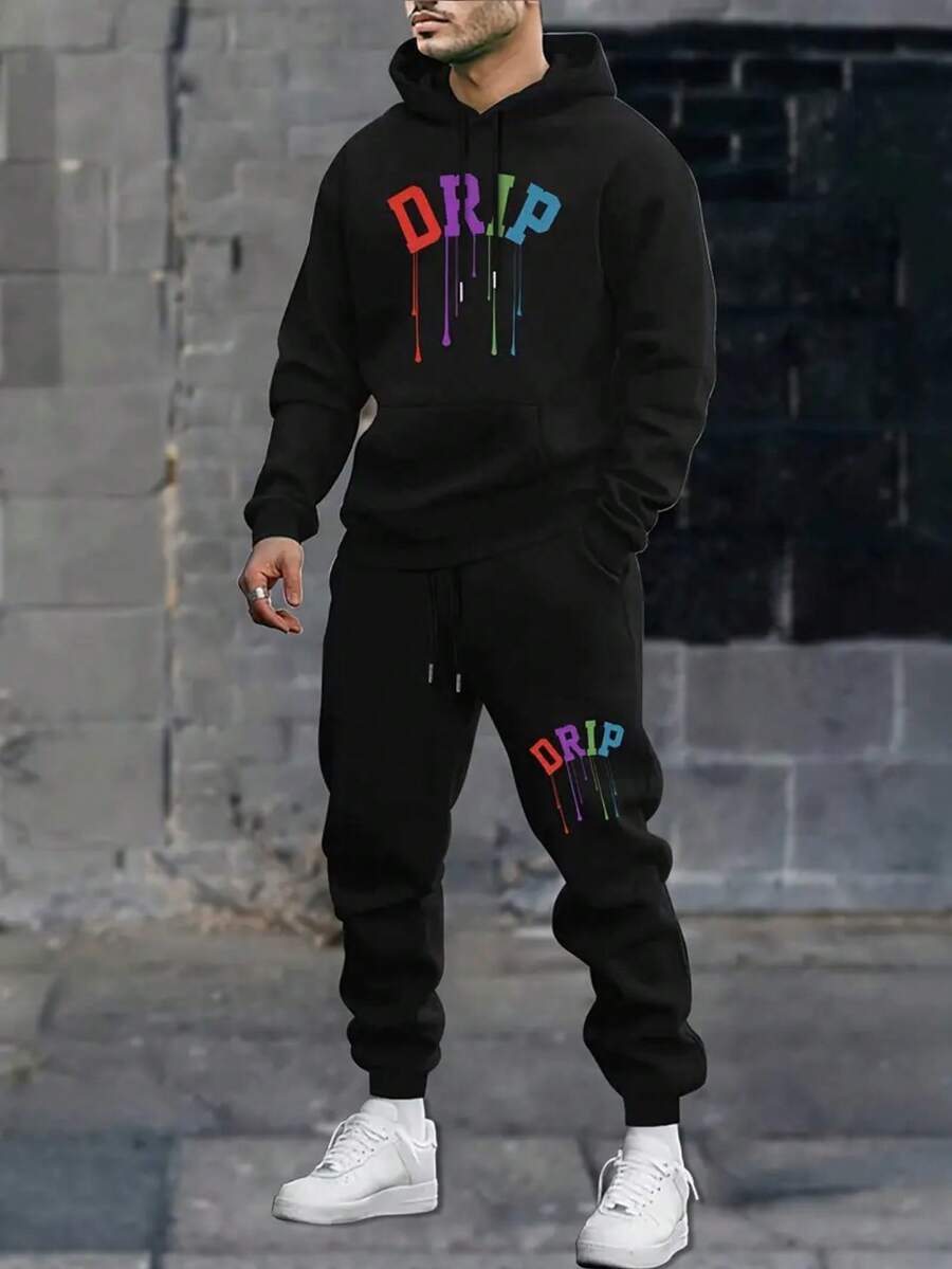 DRIP Colored Print Men's Comfortable Hooded Sport Suit, Fashionable Casual Regular Knit Fabric Medium Stretch Sport Wear Hoodie And Pants Set For Men Daily Wear Or Outdoor Sports - 黑色14 - 查看 1