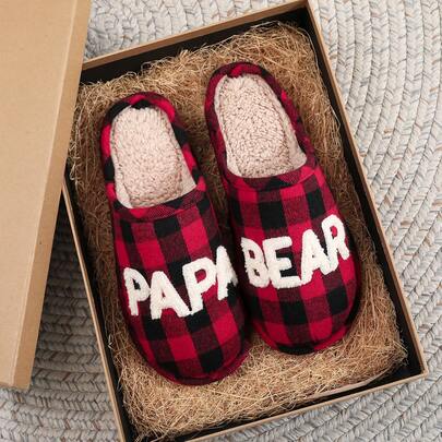 1 par de pantufas masculinas de lã xadrez com letras de Natal PAPABEAR, pantufas quentes sem cadarço com sola macia e antiderrapante para uso interno e externo, o melhor presente para o pai durante as férias, outono/inverno