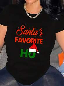 Oversized Women's Christmas T-Shirt  Santa's Favorite Ho Graphic Tee  Festive Holiday Party Wear  Fast Arrival - màu đen - Xem 1
