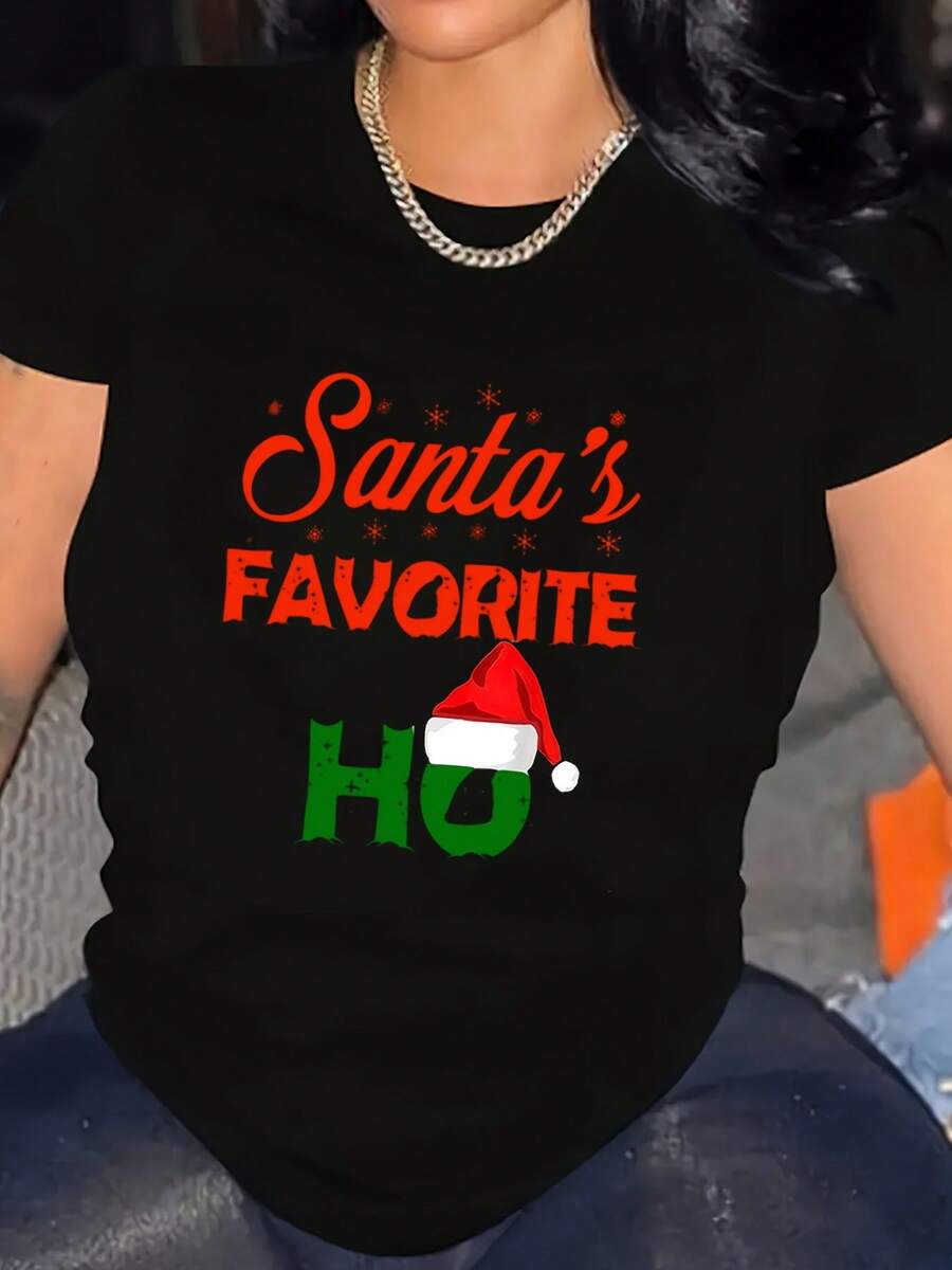 Oversized Women's Christmas T-Shirt  Santa's Favorite Ho Graphic Tee  Festive Holiday Party Wear  Fast Arrival - màu đen - Xem 1
