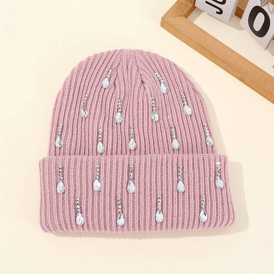 Knit Rhinestone Embellished Hat For Women, Winter Warm Beanies Cap For Outdoor Shopping, Dating, Ski - Hồng - Xem 1