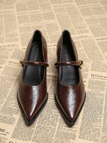 Wiosenne nowości z 2026 roku, buty z niskim cholewką i szpiczastym noskiem na wysokim obcasie, eleganckie, minimalistyczne i uniwersalne buty damskie, czarno-brązowe czółenka na grubym obcasie - Kawowy brązowy - Zobacz 3