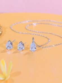 1 Set Very Sparkling Water Drop Cubic Zirconia Simple 925 Sterling Silver Chain Pendant Necklace And Earrings, Engagement & Daily Party Jewelry Sets For Women - White - View 7