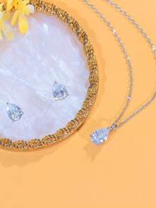 1 Set Very Sparkling Water Drop Cubic Zirconia Simple 925 Sterling Silver Chain Pendant Necklace And Earrings, Engagement & Daily Party Jewelry Sets For Women - White - View 6