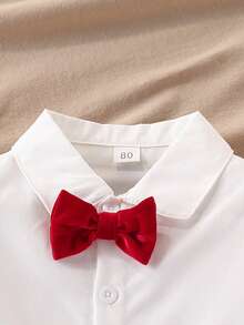 2 Stücke Jungs Gentleman Outfit Set - Langarm Hemd mit Fliege + Hosenträger rote Hose, Weihnachten, Geburtstag, Feiertagsparty Formeller Anzug - Rot - Übersicht 3