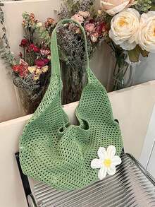 Yogodlns 镂空编织手提包，波西米亚风沙滩手提包，镂空手提包，大容量慵懒沙滩包，休闲购物沙滩包，大容量钩针花卉手提包，时尚手提包，户外旅行包，完美搭配钩针套装，度假必备，夏季、度假和海滩的理想之选，波西米亚风女装 - 綠色 - 查看 11