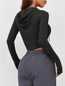 1pc Women's Lightweight Sporty Jacket, Short Zip-Up Outerwear, Fashion Streetwear, With Thumb Holes, Suitable For Gym, Outdoor, Casual Workout, Commuting, Autumn/Winter - Black - View 2