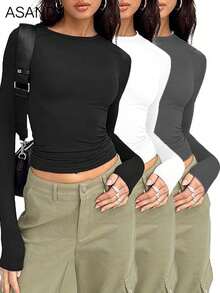 3pcs/Set Women Crew Neck Long Sleeve Plain Solid Color T-Shirt, Slim Fit, Casual Pullover Top, Spring/Autumn