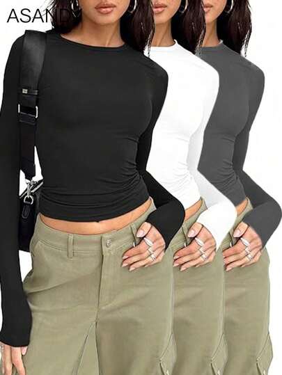 3pcs/Set Women Crew Neck Long Sleeve Plain Solid Color T-Shirt, Slim Fit, Casual Pullover Top, Spring/Autumn