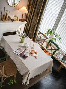 1 buc. Față de masă cu ciucuri, în stil pastoral francez, bej, cu imprimeu de crizanteme, husă de masă dreptunghiulară pentru măsuța de cafea, dulap TV, decor pentru casă