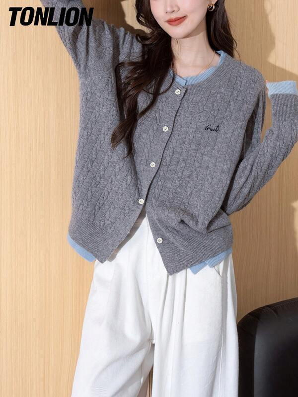 tonlion Tonlion Women's Autumn/Winter Delicate Twist Knit Contrast Color Cardigan