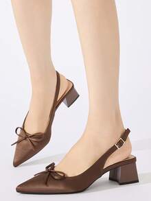 女士尖头露跟高跟鞋，带蝴蝶结装饰，舒适的粗跟正装鞋，适合优雅的日常通勤、派对、正式场合，适合秋冬季，咖啡棕色缎面，优雅 - 咖啡棕 - 查看 5