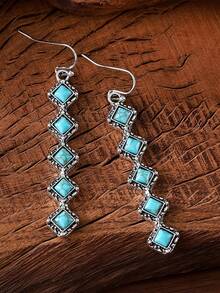 1pc Vintage Turquoise Inlaid Tassel Earrings, Minimalist Versatile Jewelry Accessory - Multicolor - View 1
