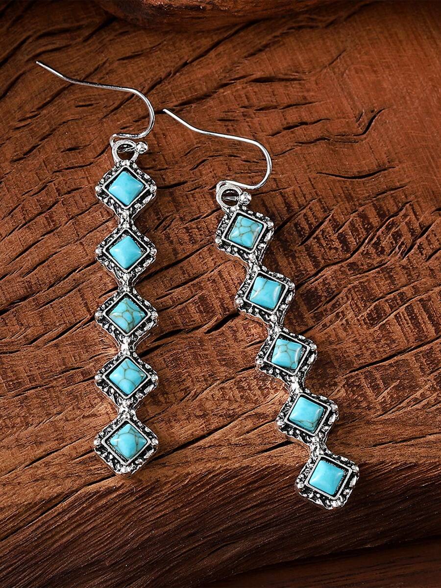 1pc Vintage Turquoise Inlaid Tassel Earrings, Minimalist Versatile Jewelry Accessory - Multicolor - View 1