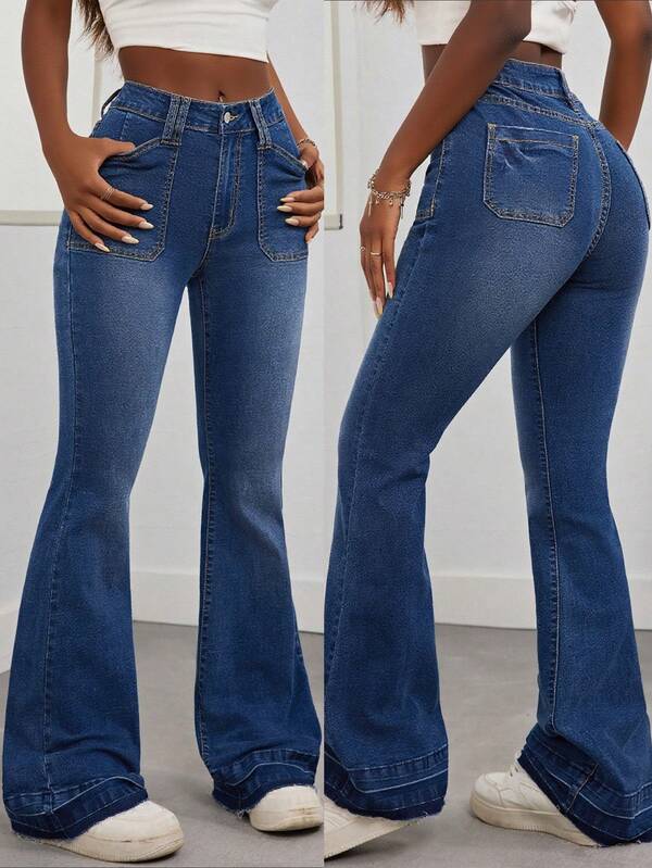 Women's Vintage Low Waist Skinny Flared Jeans In Dark Blue - Elegant Resort And Everyday Casual Wear Stretch Denim Long Pants