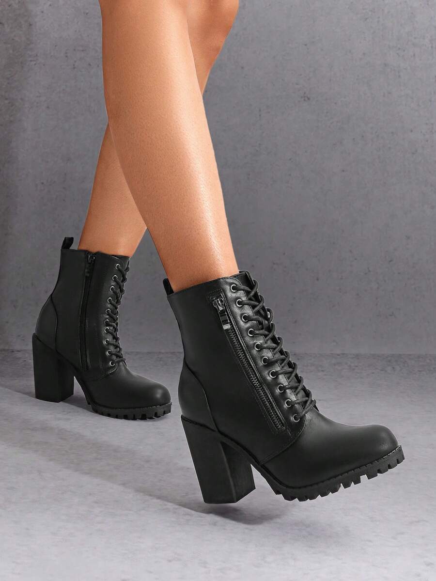 Women's Combat Ankle Boots Chunky Heel Lace Up Fashion Heeled Booties - 黑色 - 查看 1