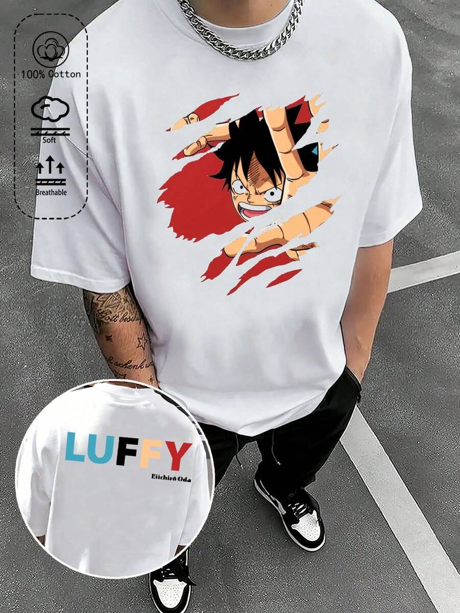 ONE PIECE T-shirt oversize unisex con grafica cartoni animati, tessuto spesso, vestibilità morbida, collo tondo, adatta per l'estate, stile casual e divertente