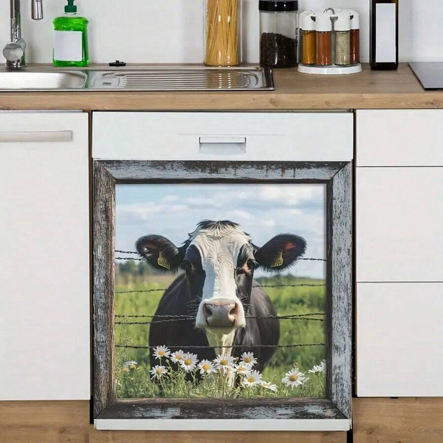 1pc Farm Cow Pastoral Window Scenery Wall Sticker, Countryside Style Animal Daisy Flower Farmhouse Kitchen Decor, Self-Adhesive Removable PVC Decal, Suitable For Living Room, Dining Room, Study, Bathroom, Bedroom Decoration Wallpaper Wall Paper Wall Stickers Wall Decor Wallpaper Stickers Wall Home Decor