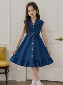 Girls' Fashion Denim Dress With Belt, Blue Lapel Collar Casual Dress For Daily Wear, Summer
