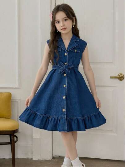 Girls' Fashion Denim Dress With Belt, Blue Lapel Collar Casual Dress For Daily Wear, Summer