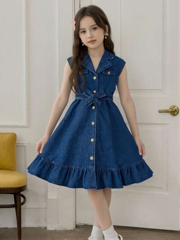 Girls' Fashion Denim Dress With Belt, Blue Lapel Collar Casual Dress For Daily Wear, Summer