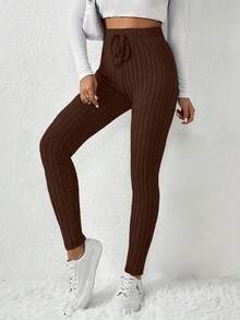 Autumn And Winter Solid Color Slim Fit High Waist Solid Color Knit Ribbed Knit Elastic Fleece Large Ribbed Waist Leggings Stage And Concert Home Women's Style Cool European And American Style! - Brown - View 2