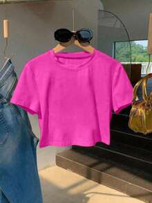 Camiseta playera crop top manga corta lisa colores cuello redondo estilo moderno casual basico para el dia a dia - Rosa Fucsia - Ver 1
