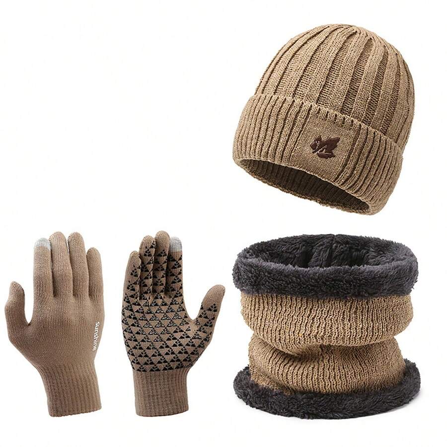 3pcs Set: Knitted Thickened Beanie Hat, Scarf, And Gloves, Unisex Fashion Outdoor Cycling Versatile Accessories Autumn Decor