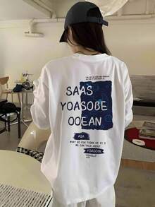 Áo thun dài tay in chữ và hoạt hình chất liệu cotton dáng rộng dành cho nữ, đa năng cho mùa xuân và mùa thu - trắng - Xem 3