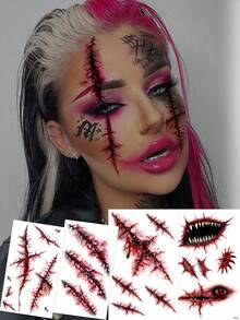 4件組萬聖節臨時紋身貼紙 殭屍傷疤臨時紋身 仿真血腥傷口縫線疤痕 防水身體臉部紋身貼 萬聖節裝扮派對惡搞化妝道具 - 紅色 - 查看 5