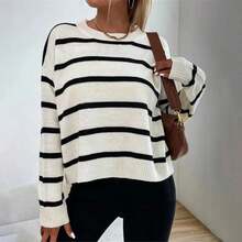 1 pezzo Maglione a costine con contrasto di colore a righe, stile casual college, adatto per autunno/inverno, abbigliamento esterno da donna taglie forti - Bianco - Visualizzare 4