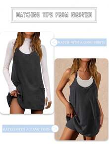 Women's Sleeveless Mini V-Neck Sundress With Spaghetti Straps, Athletic Short Dress With Pockets, Summer Casual Beach Dress For Travel, Dating, And Daily Wear  Holiday  Vacation    Casual - 深灰色 - 查看 3