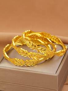1/3/4pcs Vintage 18K Gold Plated Copper Asymmetrical Hollow Wheat Ear Cuff Bracelet Set, Suitable For Dubai/African Women's Daily, Party, Festival Gift