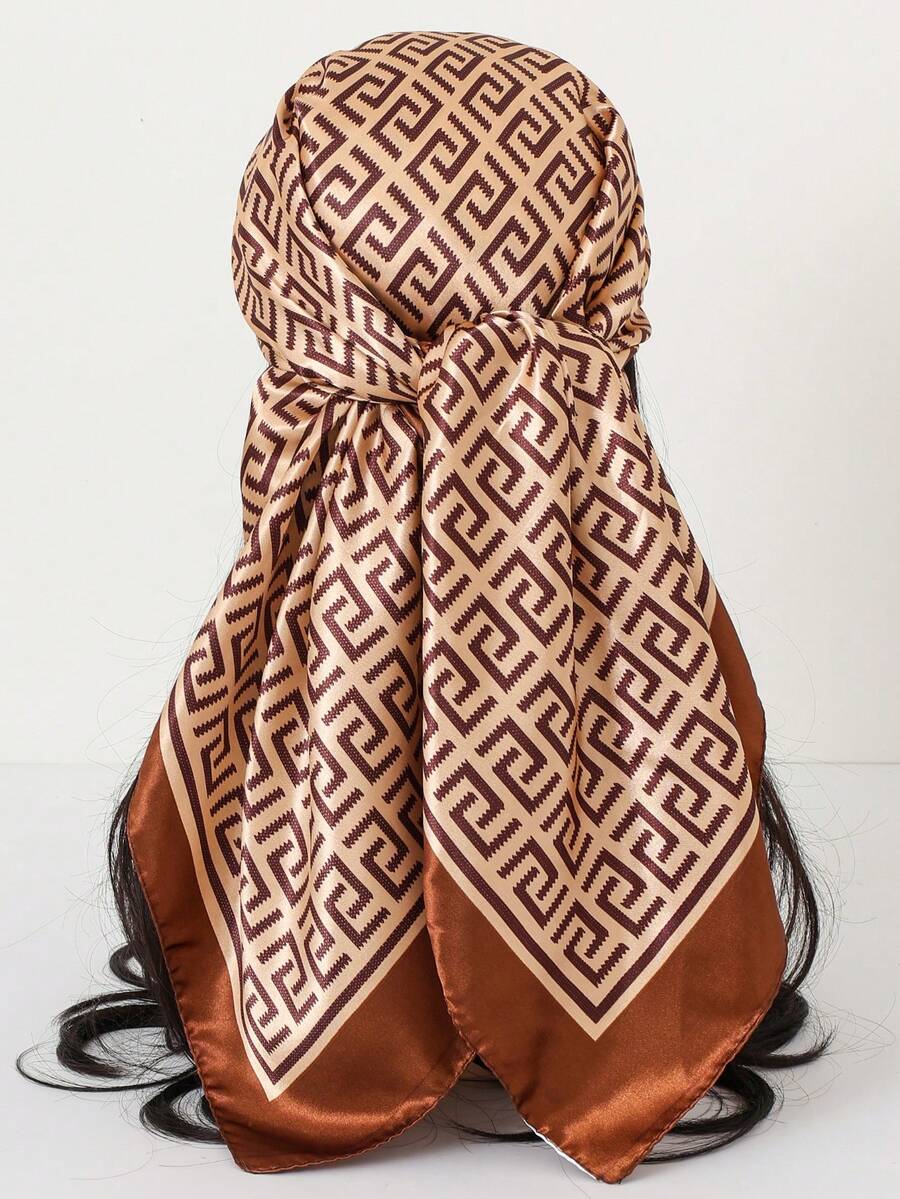 1条女士几何印花90厘米方形真丝围巾/头巾，适合街头、休闲、海滩、度假、假日等场合。 - 黑色 - 查看 1