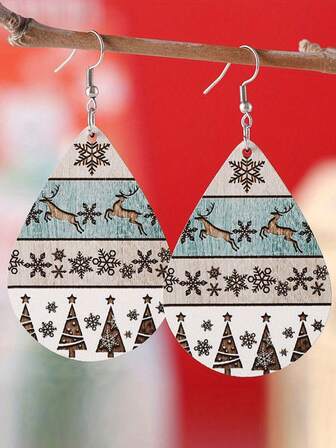 1 par de pendientes de madera con forma de lágrima con diseños de renos y copos de nieve, perfectos para fiestas navideñas y de invierno