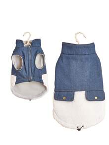 1pc Blue Denim Fleece Patchwork Pet Jacket Vest Suitable For Small Cats/Dogs Autumn Winter Christmas - Navy Blue - View 11