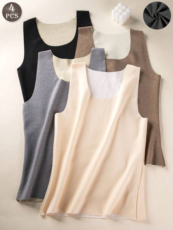 4PCS Women's Base Layer Warm Vest Top, Thermal Lined Base Layer Top, Comfortable Sleeveless Crew Neck Vest Top For Cold Weather