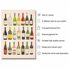1 件带框/无框葡萄酒瓶厨房墙壁艺术海报帆布印刷简约酒瓶图表酒吧推车艺术复古绘画适用于公寓、客厅、餐厅、现代家居装饰