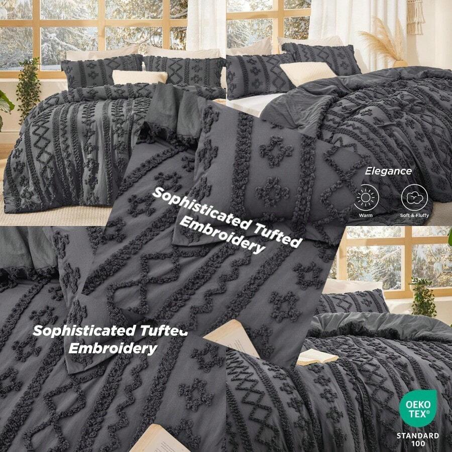 Tufted Boho Comforter Set Queen Size Dark Grey Boho Bed Set GentleSoft ...