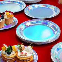 10/50/100pcs Rainbow Color Paper Plates, 7 Inch/9 Inch Round Disposable Party Plates, Holographic Rainbow Color Dessert Plates For Birthday, Baby Shower, Wedding, Dinner, Picnic