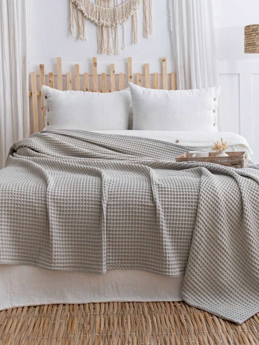 200X230 Waffle Blanket, %100 Cotton Waffle Blanket, Multi-Purpose Geometric Waffle Throw Blanket, Dokubba Waffle Blanket - Grey - View 1