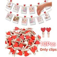 10pcs Red Heart Clips, Wooden Love Heart Shaped Clothespins For Photo Paper Notes Memo Clips, Mini Clothespins For Home Wedding Decoration Stationery