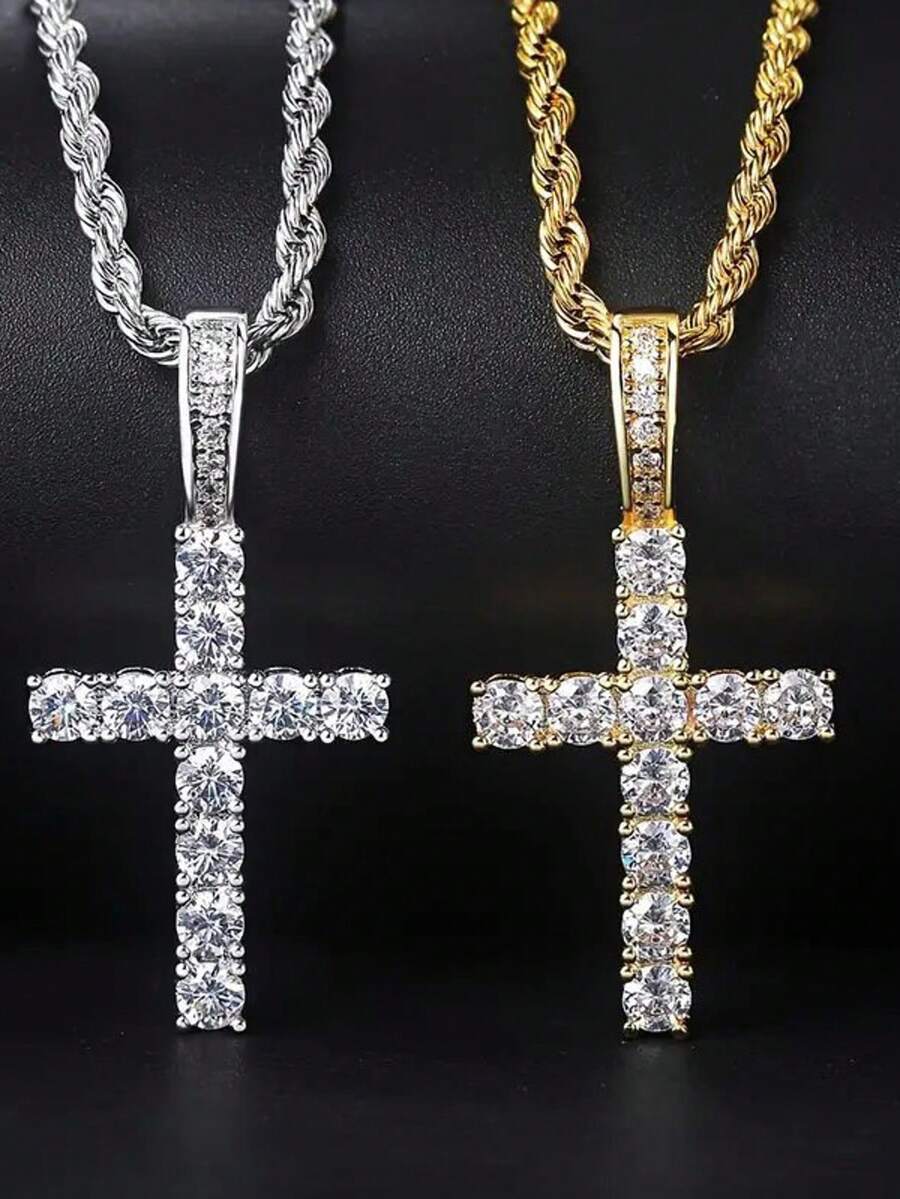 1pc Titanium Steel Twisted Chain Zirconia Micro-Inlaid Cross Pendant Necklace, Unisex Luxurious Retro Punk Fashion Long Necklace Accessory, Suitable For Casual, Party, Holiday Outfit, Versatile - Stainless Steel Twisted Chain Cross Pendant Necklace - View 1