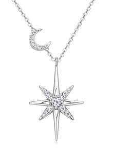 XUJIA 1PC Fashion Elegant Star&Moon Moissanite Pendant Necklace 925 Sterling Silver 3mm&2mm&1mm(0.28ctw) Necklace For Women Birthday Anniversary Valentine's Day Wedding Engagement Jewelry Gifts