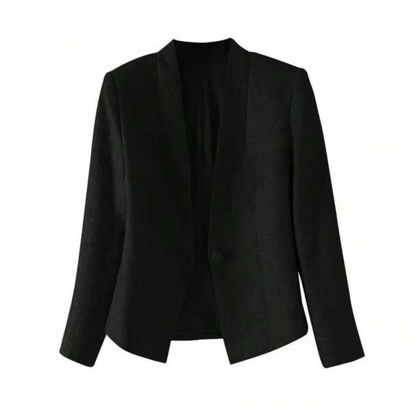 Women's Single-Button Casual Blazer, Ladies' Long Sleeve Relaxed Fit Office Commuter Jacket, Elegant Loose Fit Solid Color Lapel Collar Blazer, Versatile Workwear For Women Black Spring