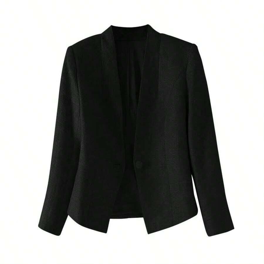 Áo blazer nữ một nút cài, áo khoác công sở tay dài dáng rộng thoải mái, áo blazer cổ ve màu trơn thanh lịch, trang phục công sở đa năng cho nữ màu đen mùa xuân - màu đen - Xem 1