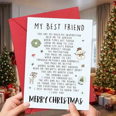 1PC, Christmas Card For Best Friend, Love Poems Christmas Cards For Friends, Cute Merry Xmas Card For Bestie, Friendship Christmas Card